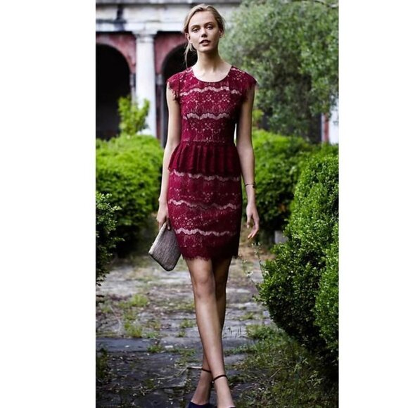 MAEVE Anthropologie Red Lace Peplum Mini Cocktail Dress - Picture 1 of 9